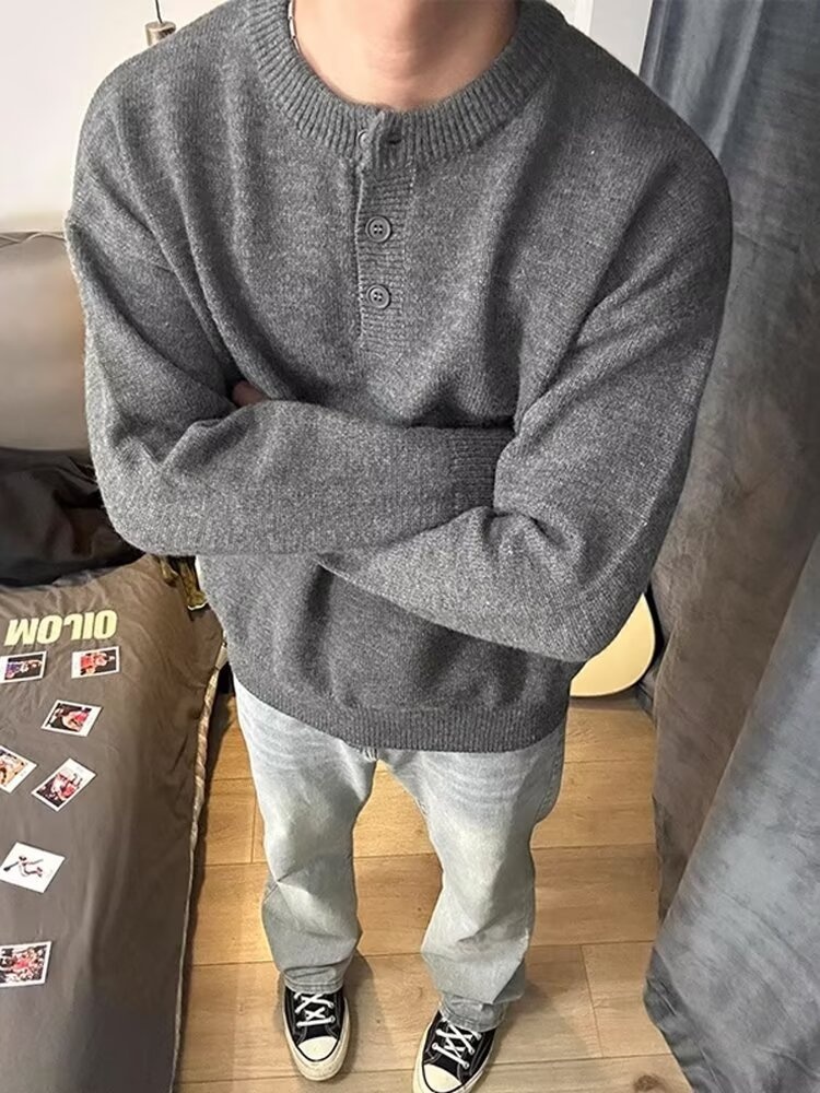 boy 2025 Henry Collar Spring Casual Inner Layer Base Shirt American Cool Men's Knitted Sweater Autumn And Winter Style_voghion.com