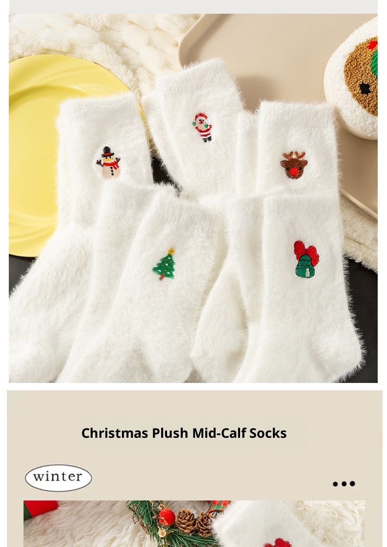 Lillian Lillian Autumn Winter Women White Mink Velvet Snowman Santa Claus Christmas Tree Elements Thickened Warm Socks_voghion.com