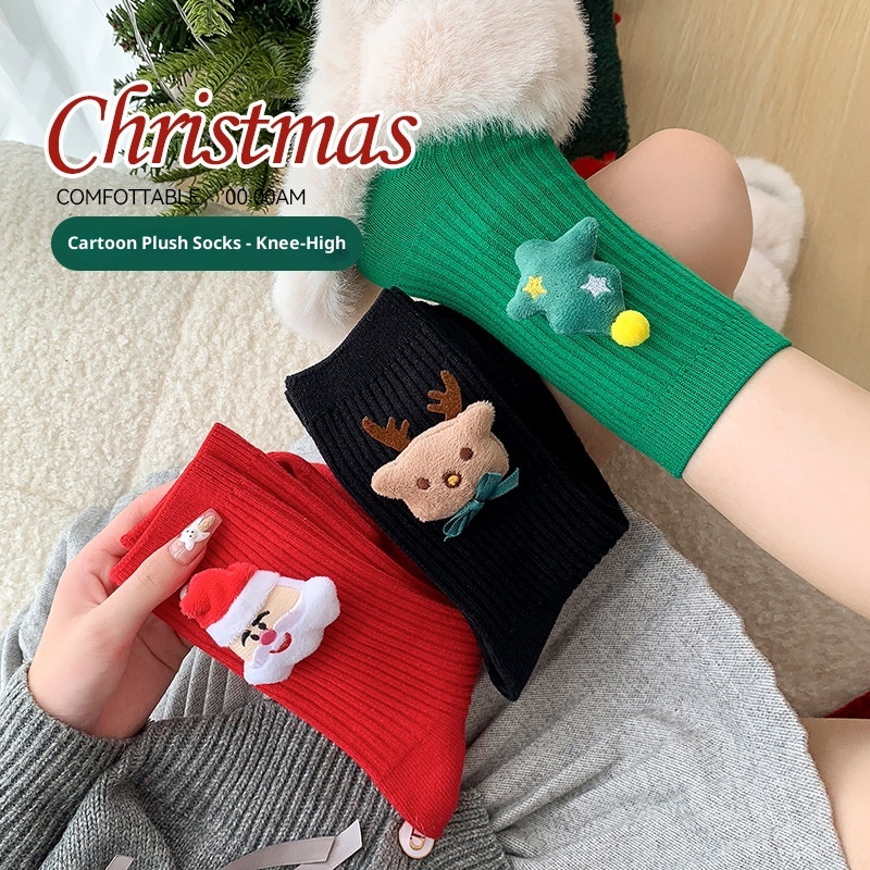 Lillian Autumn Winter Christmas Women's Cute Cartoon Ornaments Personalized Creative Cotton Double Needle Striped Mid-Calf New_voghion.com