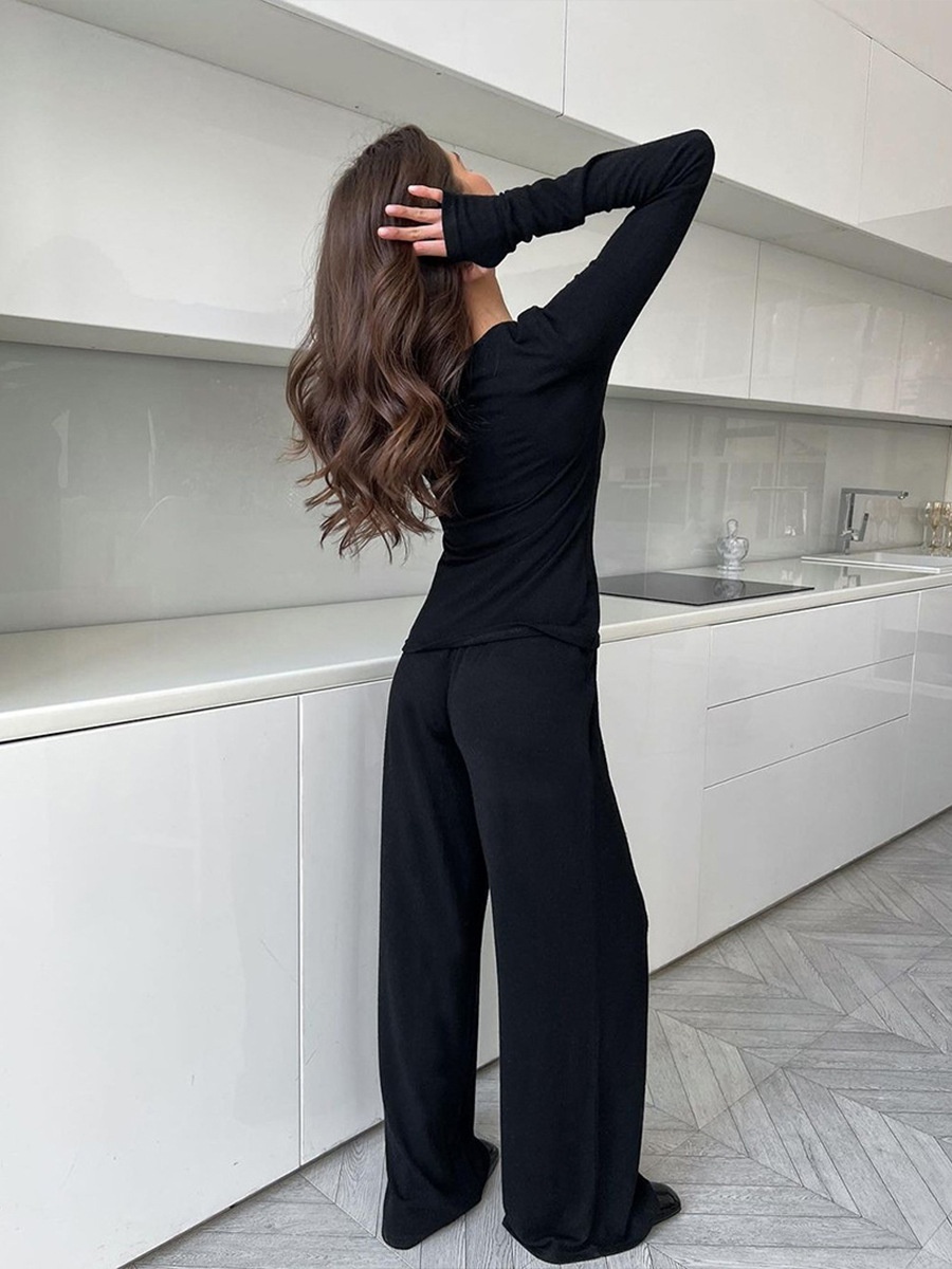 ChicShe Cross-Border Black Long-Sleeve Long-Pants Pajama Set European And American 2025 Spring New Knitted Pajamas Export Home_voghion.com