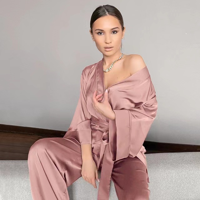 ChicShe European And American Foreign Trade Autumn Long Sleeve Cardigan Robe For Women With Tie Loose Home Pants Pajama Set_voghion.com