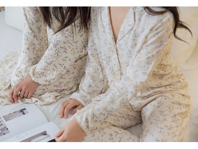 ChicShe Spanish O Marka Kadın İlkbahar Yaz Gül Uzun Kollu Vintage Küçük Çiçekli Pamuklu Rayon Pijama Takımı Kadınlar İçin_voghion.com