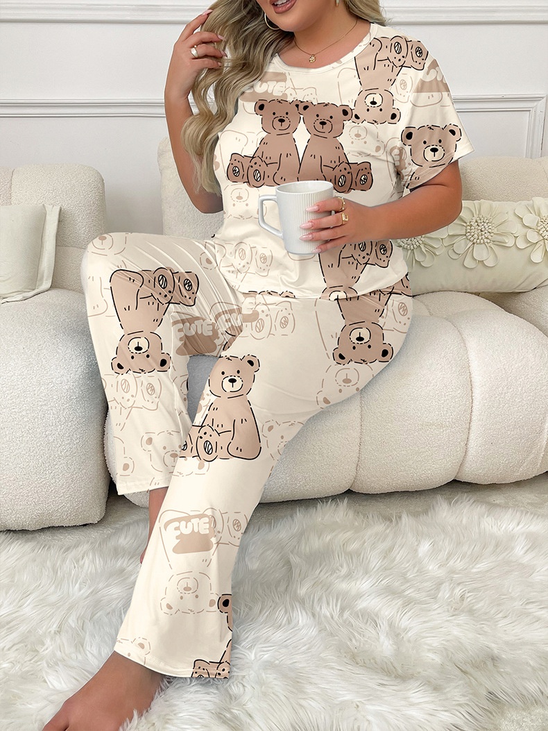 ChicShe European And American Cross-Border Plus Size Women's Pajamas Summer Loose T-Shirt Short Sleeve Heart Print Long Pants_voghion.com