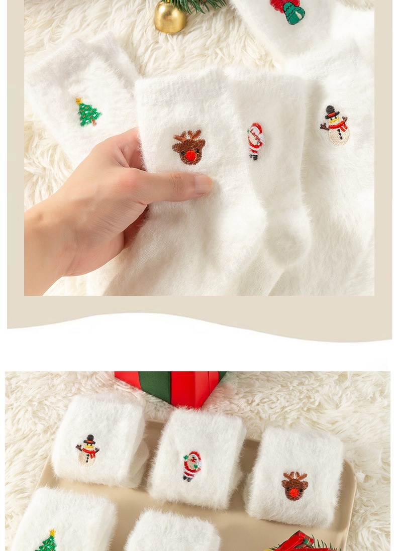Lillian Lillian Autumn Winter Women White Mink Velvet Snowman Santa Claus Christmas Tree Elements Thickened Warm Socks_voghion.com