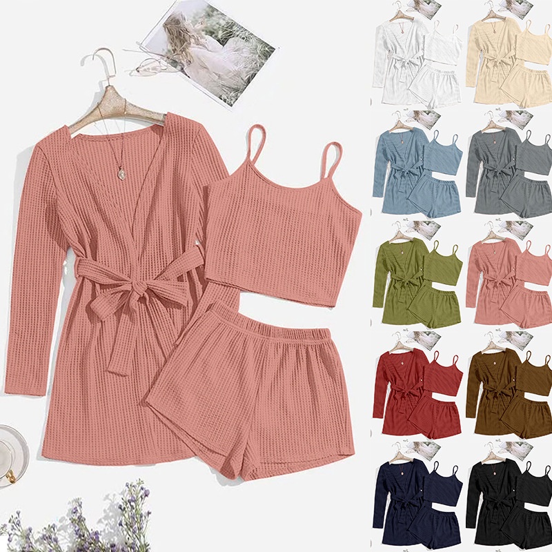 ChicShe Waffle Weave Wearable Three-Piece Homewear For Women With Camisole, Shorts, Robe, Bathrobe, And Casual Pajamas Set W0253_voghion.com