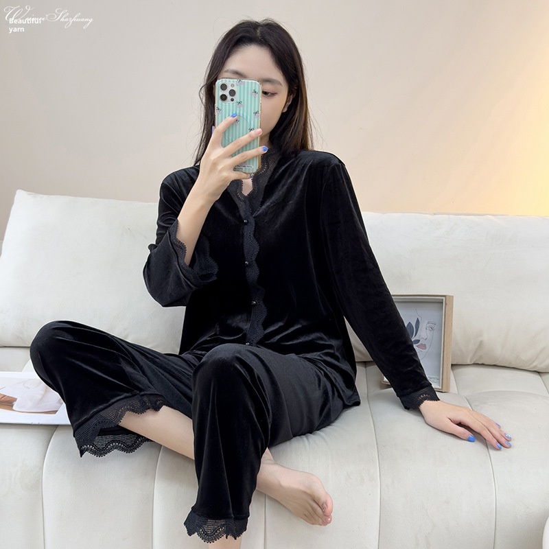 ChicShe Beautiful Velvet Pajamas Autumn Winter Women Lace Cardigan Long Sleeve Set Sexy Elegant Wearable Homewear_voghion.com