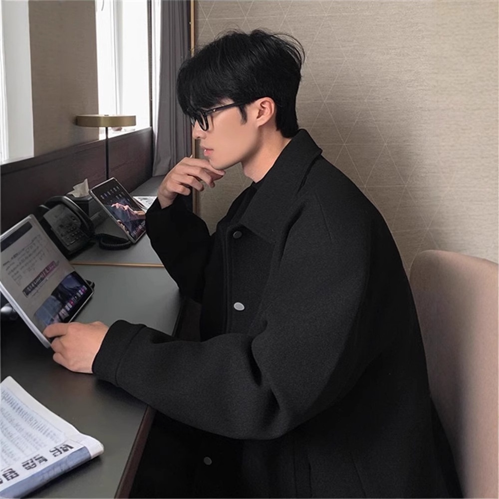 boy Mature And Stable Men's Gray Lapel Jacket Autumn Korean Style Cleanfit Loose Wool Coat Outerwear_voghion.com