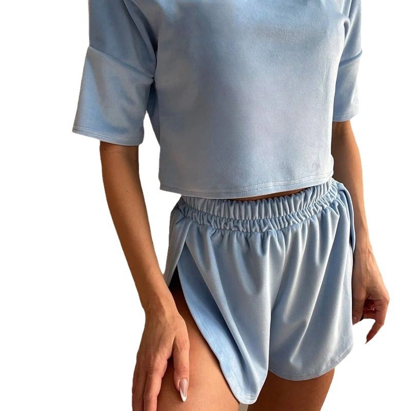 ChicShe In Stock 2025 European And American Summer New Knitted Loose Short Sleeve Crop Top Shorts Pajama Set Wearable For Women_voghion.com