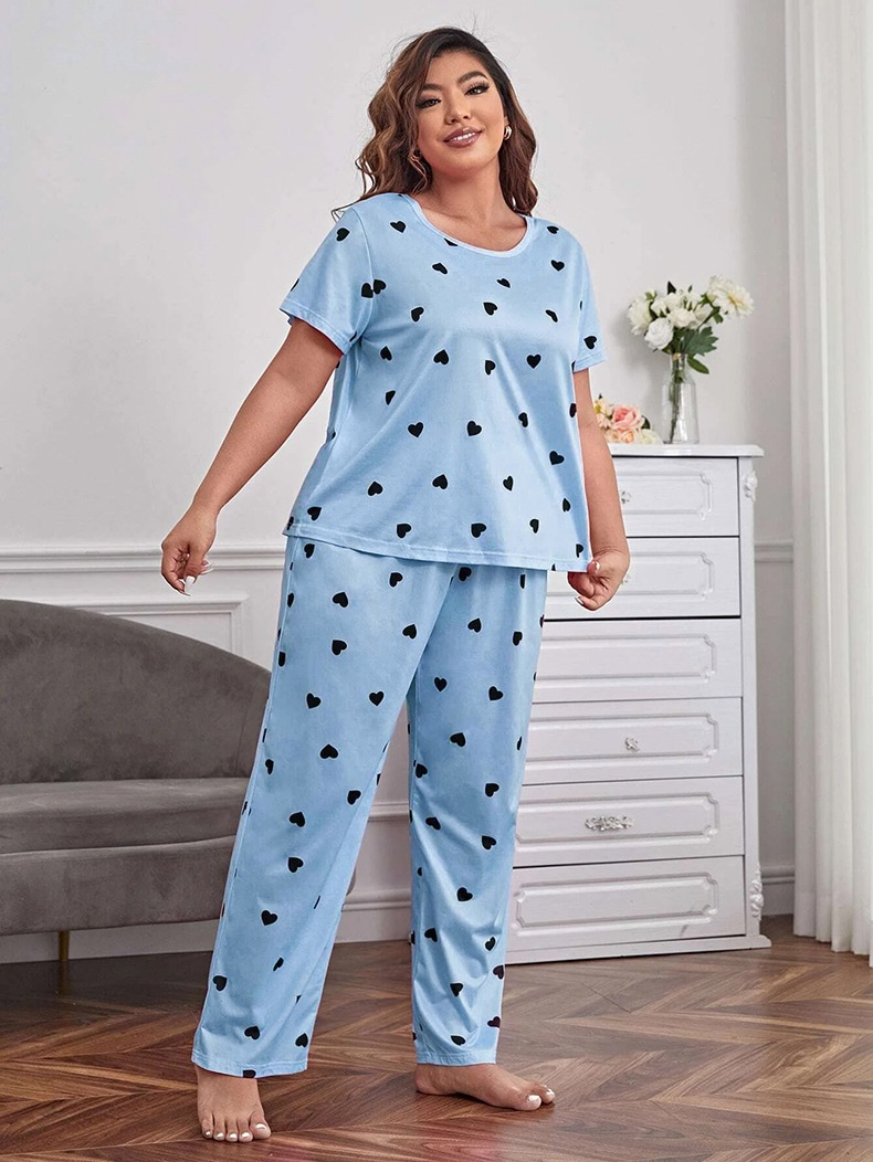 ChicShe European And American Style Cro-Border Plu Size Women' Looe Short Sleeve Heart Print Long Pant Set Homewear_voghion.com