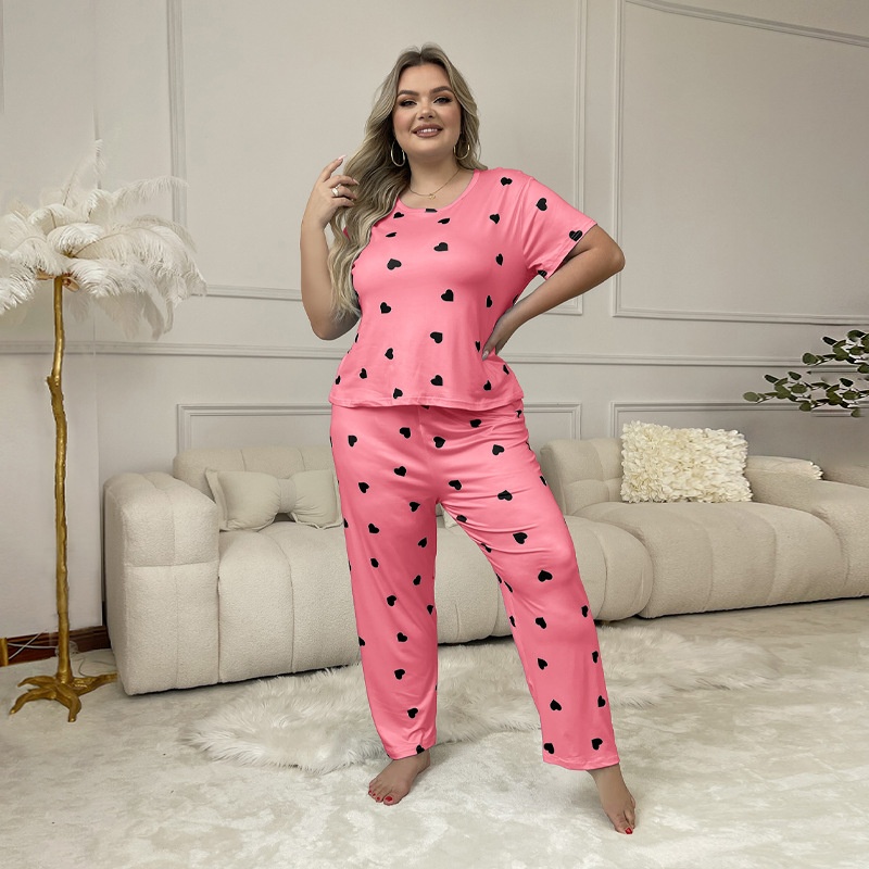 ChicShe European And American Style Cro-Border Plu Size Women' Looe Short Sleeve Heart Print Long Pant Set Homewear_voghion.com