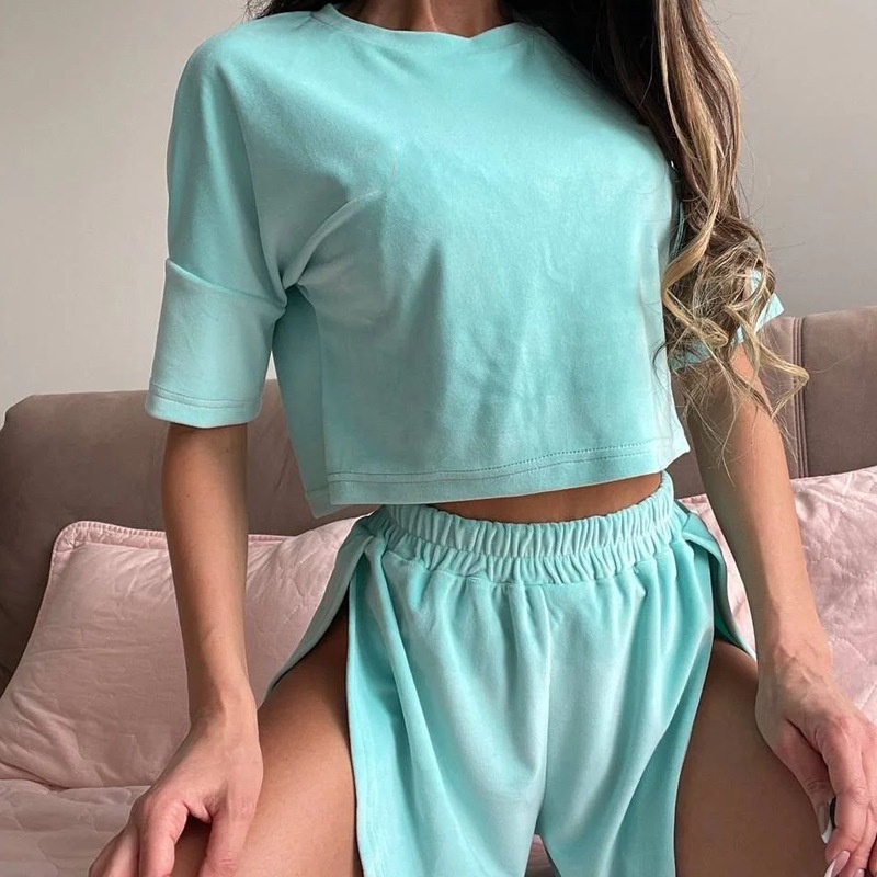 ChicShe In Stock 2025 European And American Summer New Knitted Loose Short Sleeve Crop Top Shorts Pajama Set Wearable For Women_voghion.com