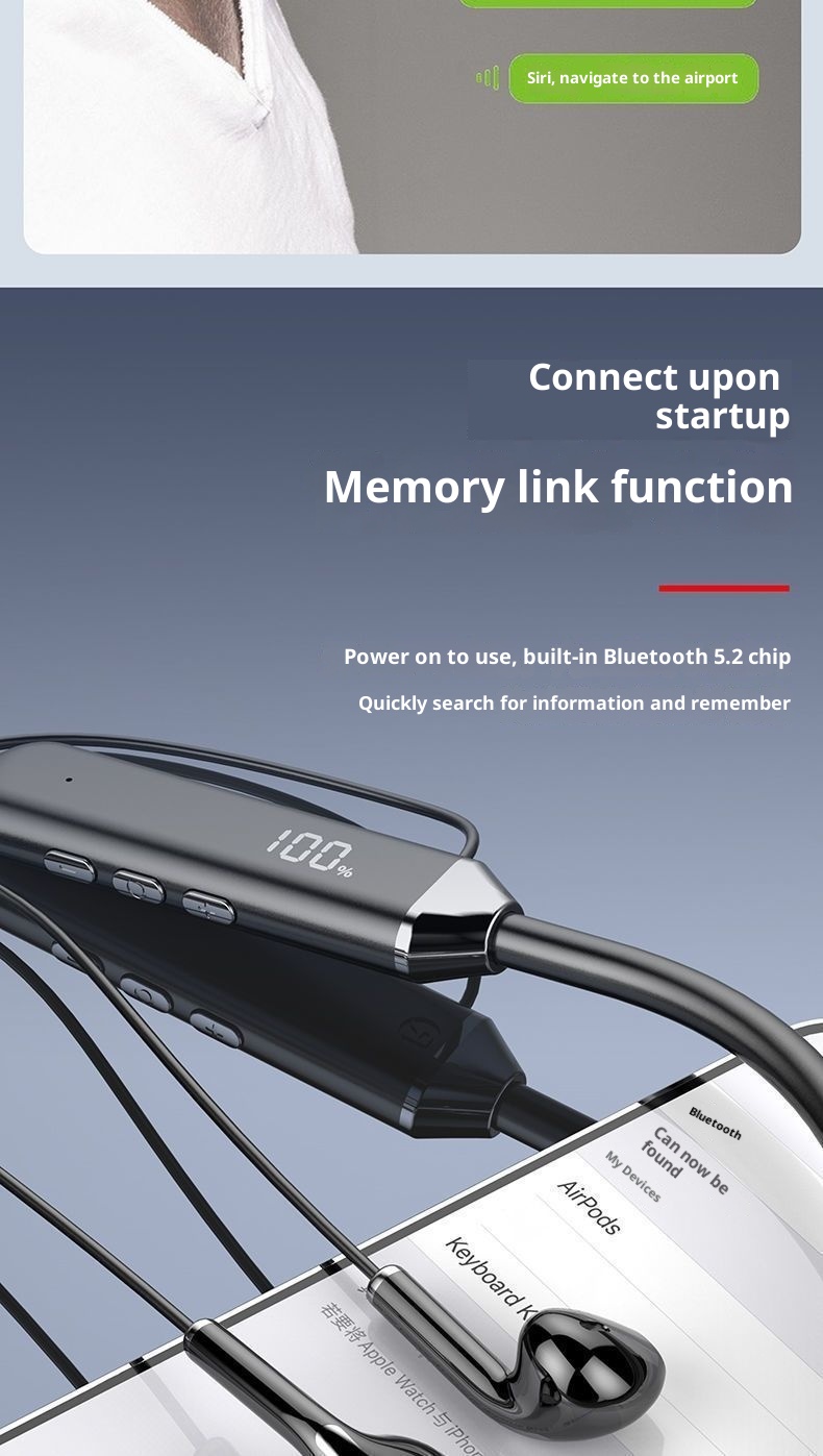 3c New Wireless Bluetooth LED Digital Display Sports Ultra-Long Battery Life Headset Gaming E-Sports Hanging Neck Style_voghion.com