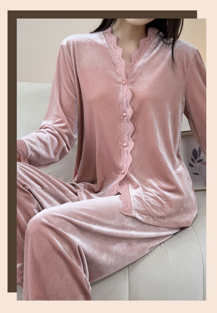 ChicShe Beautiful Velvet Pajamas Autumn Winter Women Lace Cardigan Long Sleeve Set Sexy Elegant Wearable Homewear_voghion.com