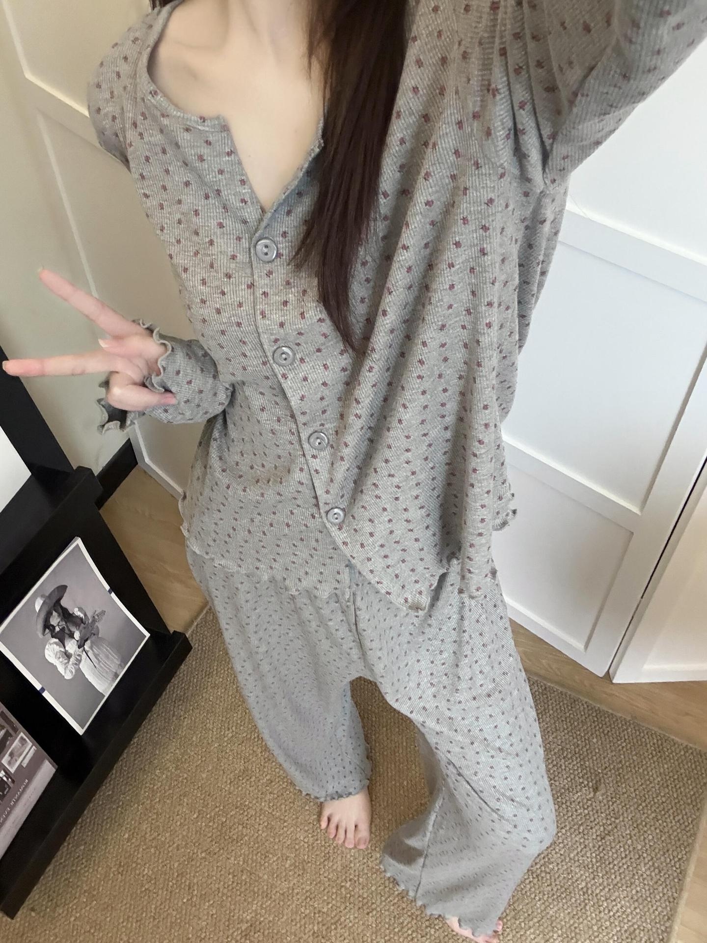 Pigiama da donna in puro cotone, delicato sulla pelle, con stampa floreale in stile coreano ChicShe, cardigan lungo primaverile e autunnale_voghion.com