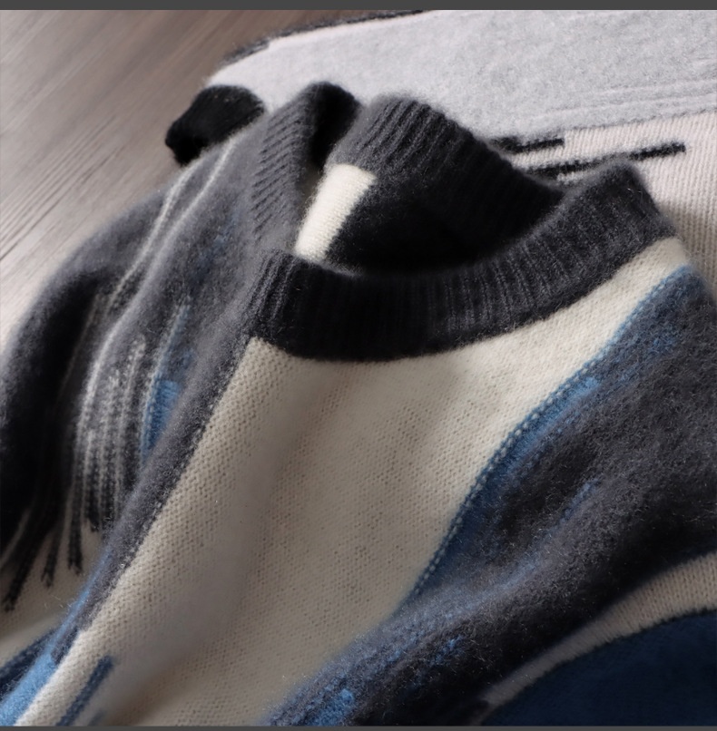 boy Boy Boy 100% Pure Wool Sweater For Men, Round Neck, Color Block Gradient, Thickened, Loose Fit, Business Casual Cashmere Knitted_voghion.com