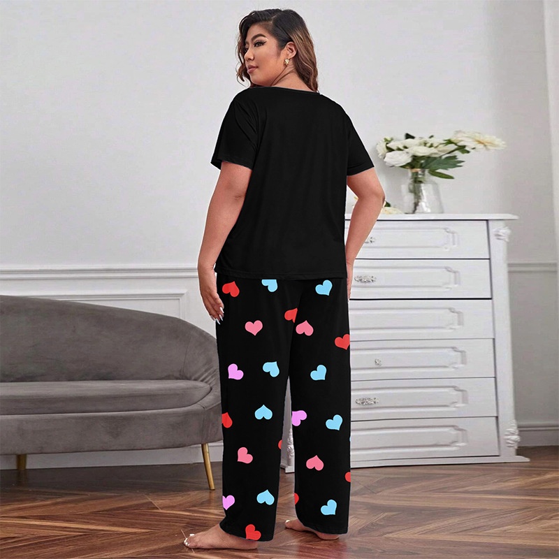 ChicShe Cross-border Exclusive European And American Style Homewear Colorful Heart Print Short Sleeve Long Pants Women's Pajama_voghion.com