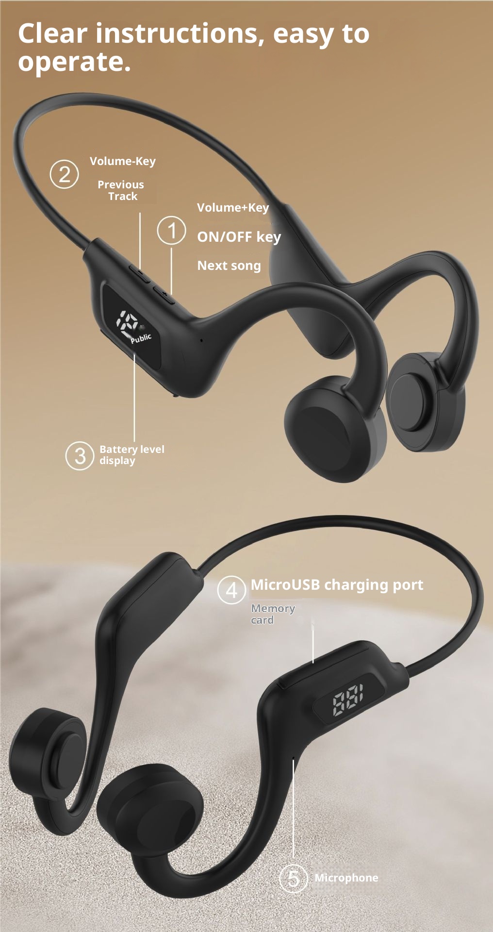 3c Écouteurs intra-auriculaires à conduction osseuse de deuxième génération, Bluetooth, son, autonomie ultra-longue, contour d'oreille, best-sellers_voghion.com