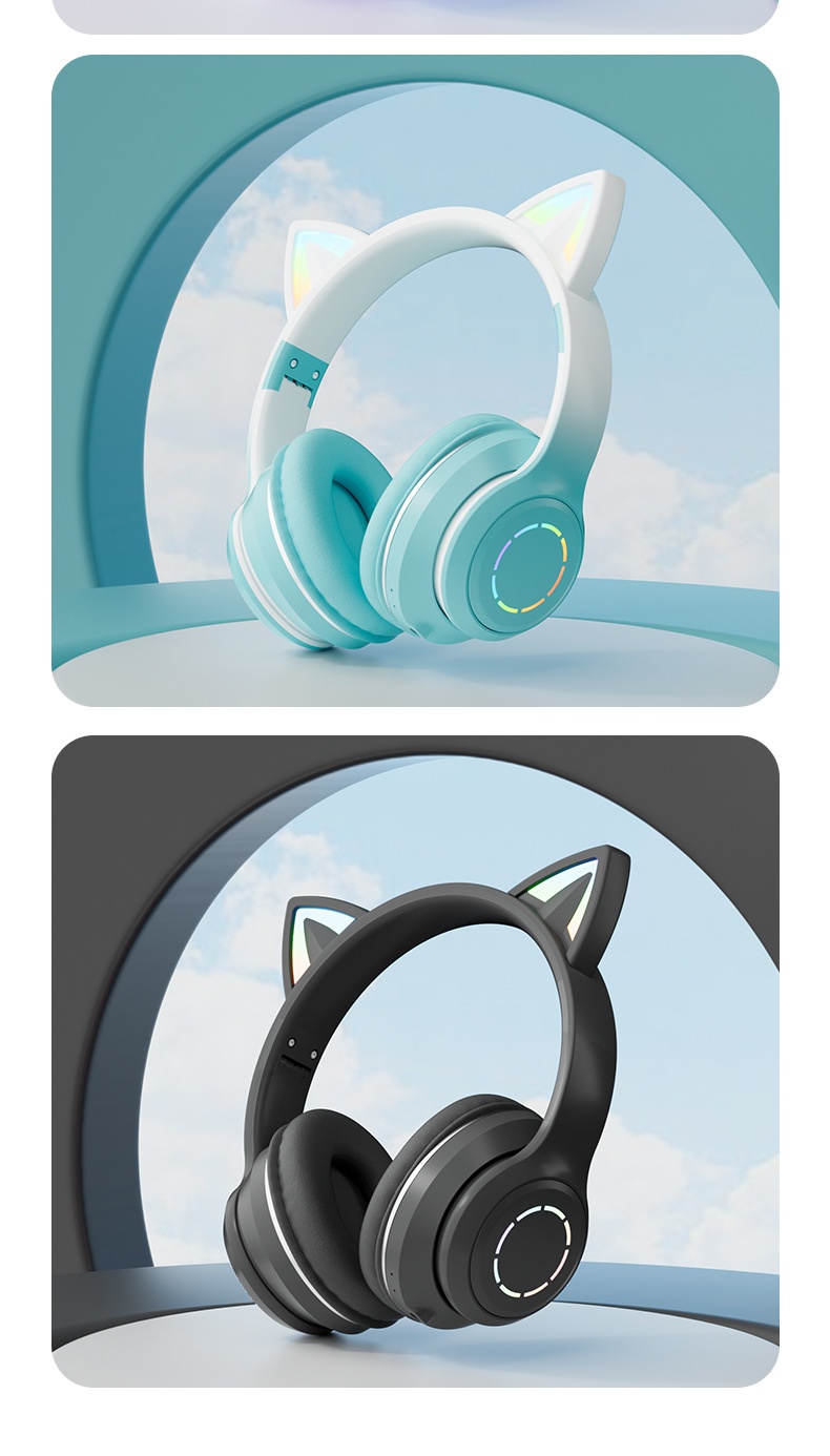 Cuffie Bluetooth luminose 3c, over-ear, con orecchie di gatto, colore sfumato, cuffie da gioco di alto valore, regalo universale per lezioni online_voghion.com