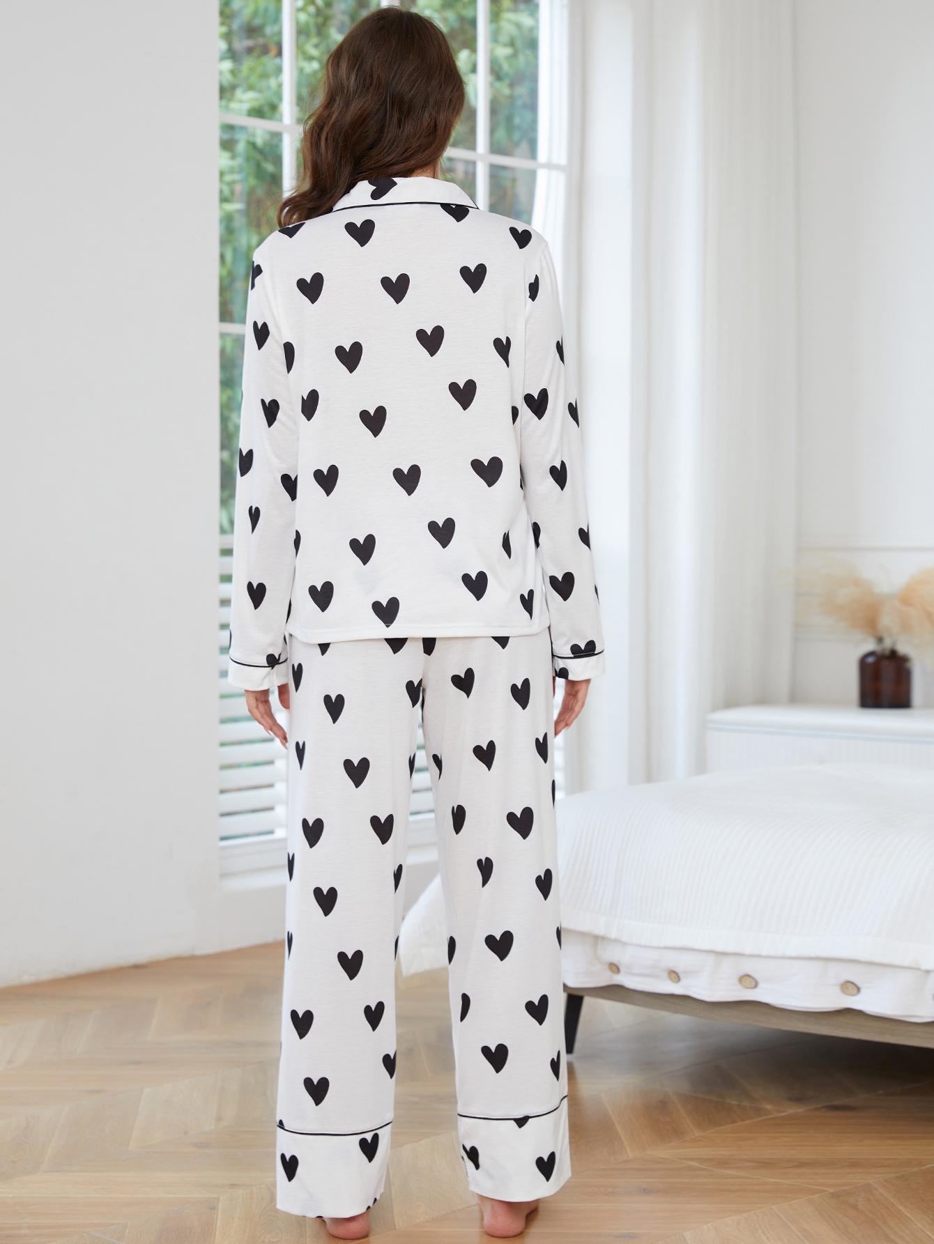ChicShe European American Cross-Border Women's Pajamas Autumn Winter Heart Print Long Sleeve Shirt And Pants Two-Piece_voghion.com