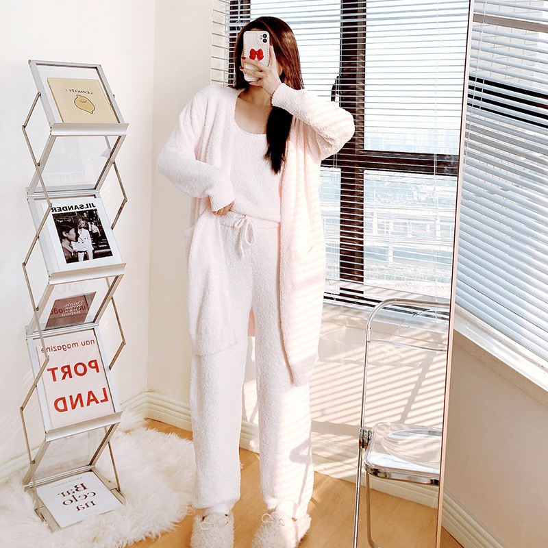 ChicShe Soft Fluffy Women's Pajamas Autumn Winter Three-Piece Set Thickened Cardigan Knitted Home Wear European And American_voghion.com