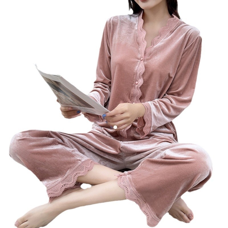 ChicShe Beautiful Velvet Pajamas Autumn Winter Women Lace Cardigan Long Sleeve Set Sexy Elegant Wearable Homewear_voghion.com