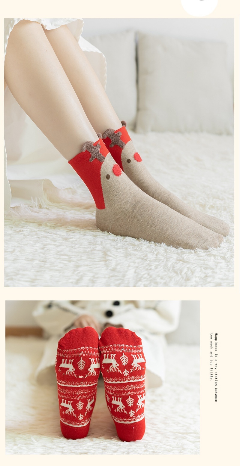 Lillian Weihnachtssocken für Damen, Herbst/Winter, festlicher japanischer Stil, Baumwolle, 3D-Cartoon-Rentier, Cross-Border, wadenlang_voghion.com