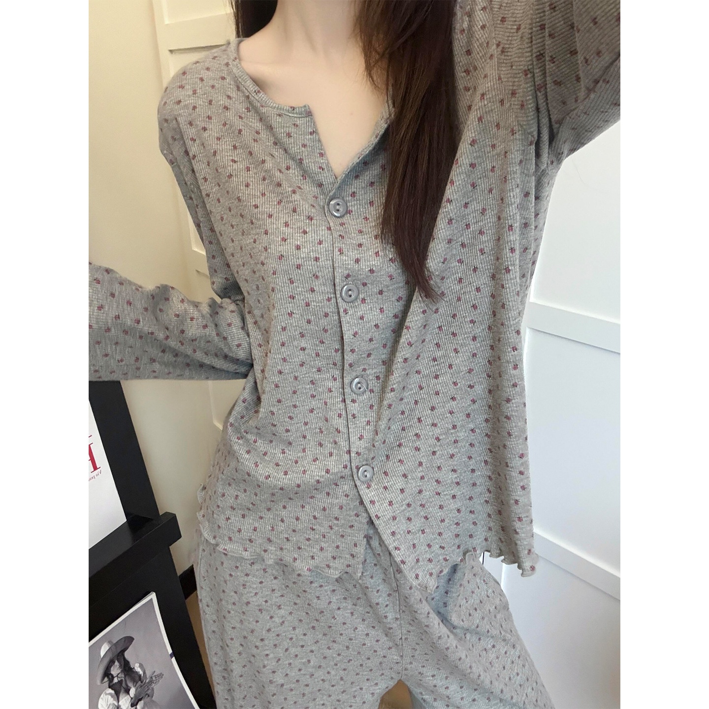 Pigiama da donna in puro cotone, delicato sulla pelle, con stampa floreale in stile coreano ChicShe, cardigan lungo primaverile e autunnale_voghion.com