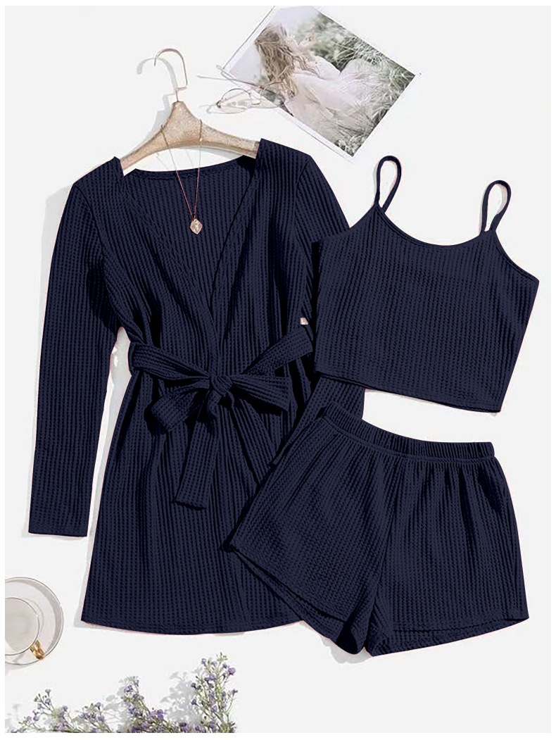 ChicShe Waffle Weave Wearable Three-Piece Homewear For Women With Camisole, Shorts, Robe, Bathrobe, And Casual Pajamas Set W0253_voghion.com