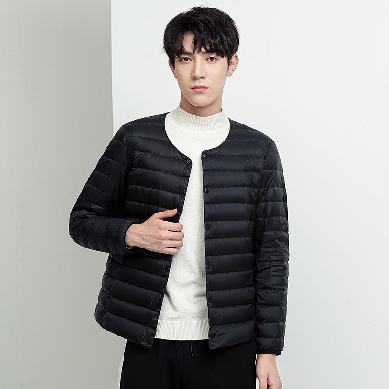boy Lightweight Jacket Men's Short Style Autumn Winter New Collarless Liner Plus Size Inner Wear Base Layer Round Neck White_voghion.com