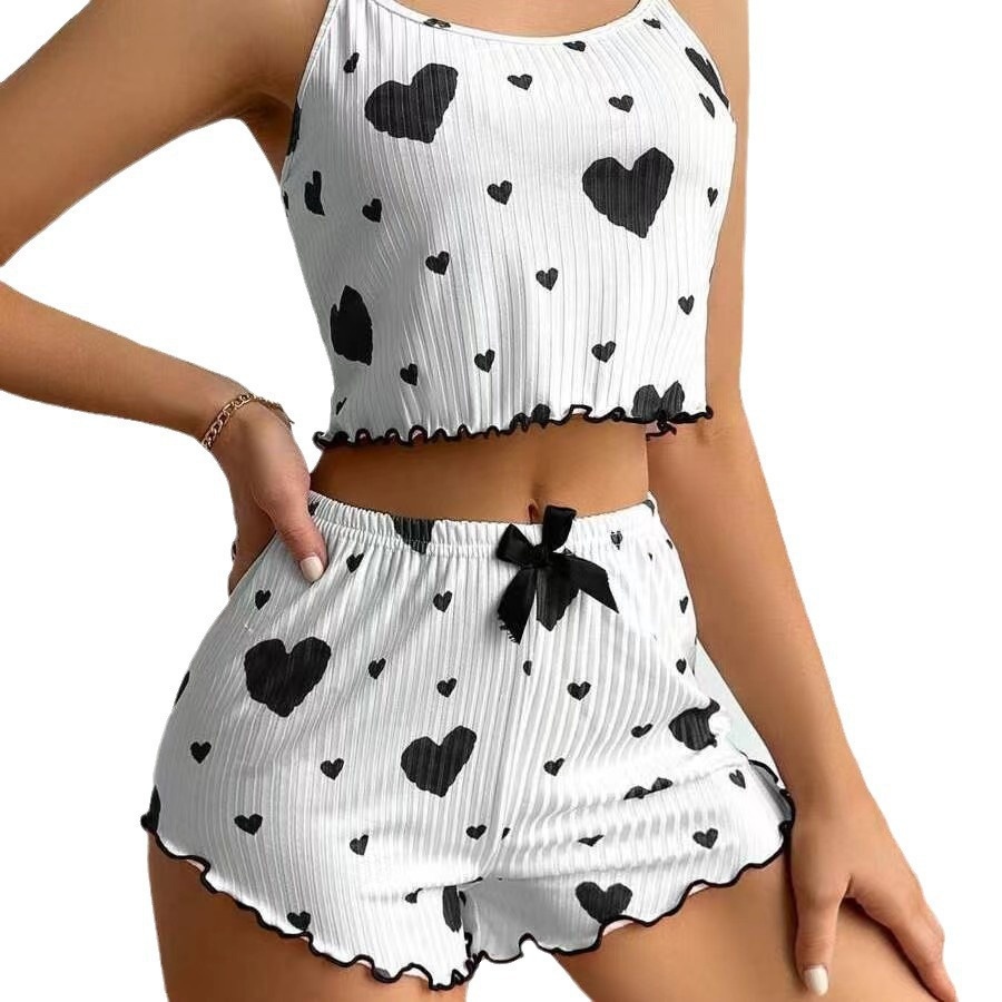 ChicShe Hot-Selling Homewear Heart Print Camisole Shorts Casual Ribbed Wearable European And American Style Women's Sleepwear_voghion.com