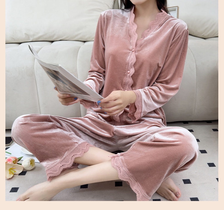 ChicShe Beautiful Velvet Pajamas Autumn Winter Women Lace Cardigan Long Sleeve Set Sexy Elegant Wearable Homewear_voghion.com