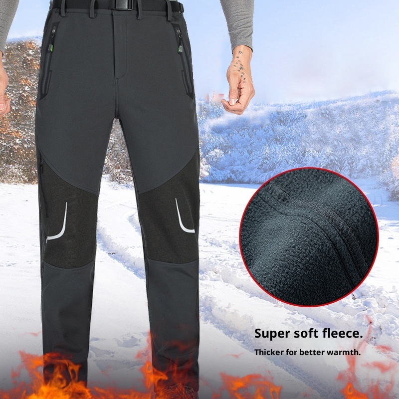 001 Plus Size Men's Outdoor Fleece Skiing Hiking Autumn Winter Thickened Warm Waterproof Wear-resistant Soft Shell Pants_voghion.com