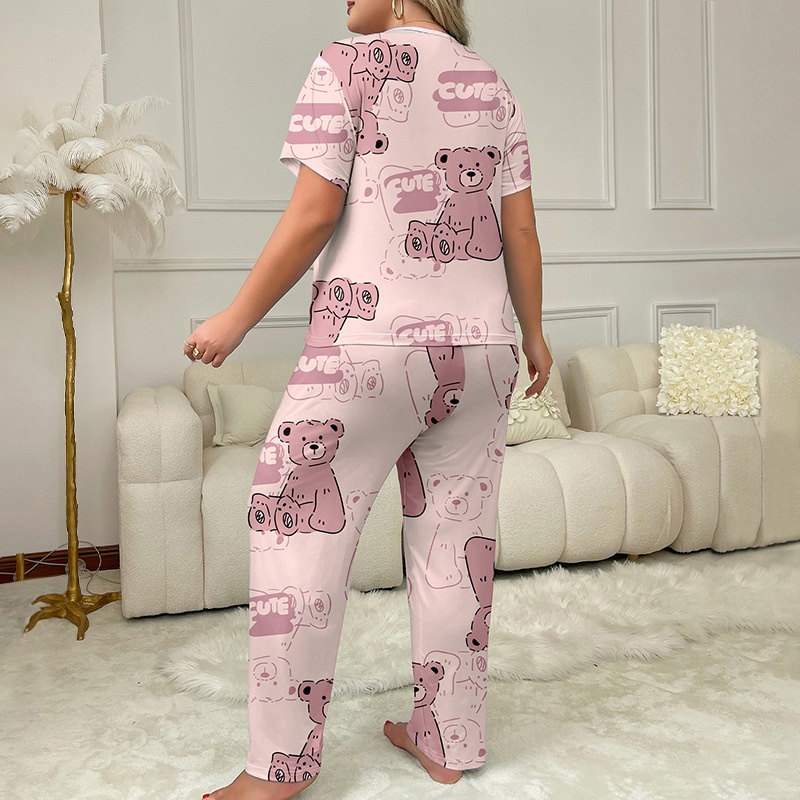 ChicShe European And American Cross-Border Plus Size Women's Pajamas Summer Loose T-Shirt Short Sleeve Heart Print Long Pants_voghion.com