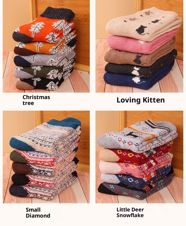 Lillian Autumn Winter Thickened Warm Christmas Tree Terry Women's Heart Deer Rabbit Wool Mid-Calf Maternity Socks Soft_voghion.com