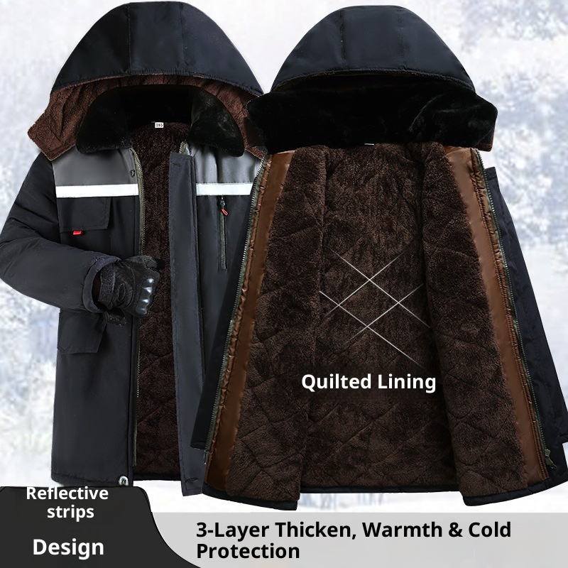 boy Reflective Strip Large Pocket Fleece Lined Thickened Warm Workwear Jacket Men's Wear-Resistant Windproof Waterproof_voghion.com