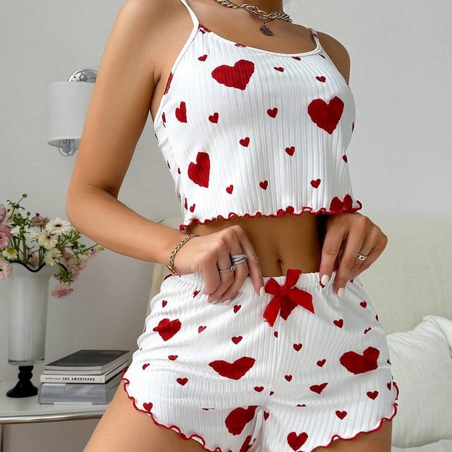 ChicShe Cross-Border Hot-Selling Women's Homewear Heart Print Camisole Shorts Casual Ribbed Wearable European And American Style_voghion.com