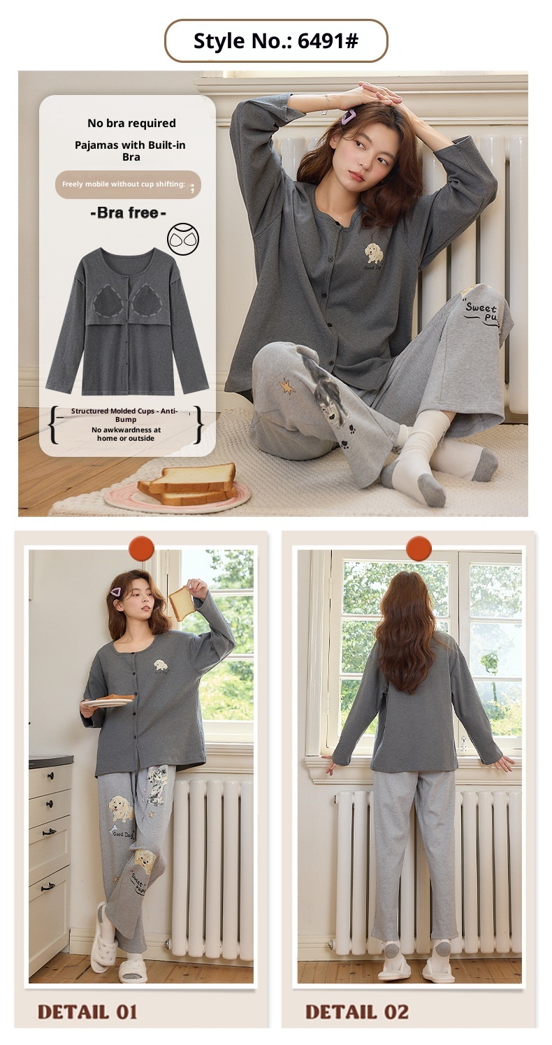 ChicShe Autumn Winter Pajamas For Women 2025 Pure Cotton Cardigan Long Sleeve Set With Chest Pads, Simple Loose Homewear_voghion.com