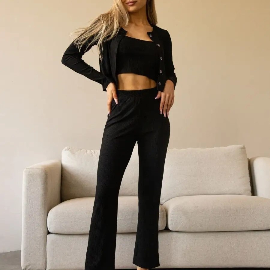 ChicShe Russian Three-Piece Set Ken Stripe Knitted Pajamas Top Long Pants Women's Wearable Outside Homewear_voghion.com