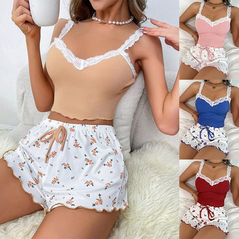 ChicShe European And American Foreign Trade Women's Homewear Lace Strap Shorts Set Floral Comfortable Stretchy Home Casual_ecoleips.com