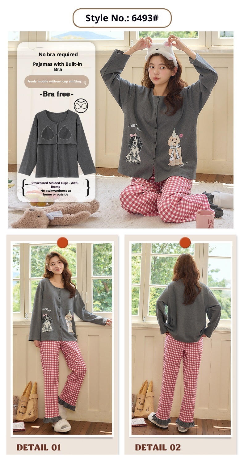 ChicShe Autumn Winter Pajamas For Women 2025 Pure Cotton Cardigan Long Sleeve Set With Chest Pads, Simple Loose Homewear_voghion.com