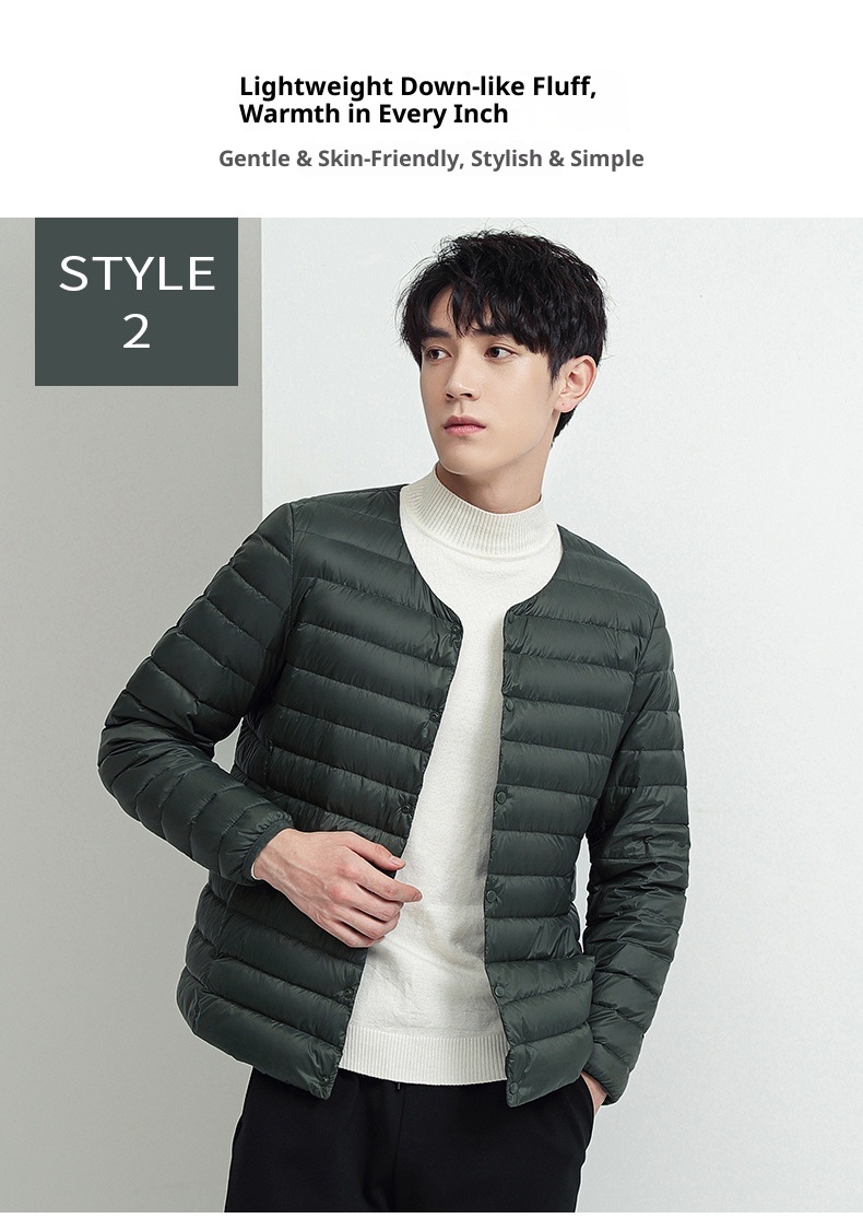 boy Lightweight Jacket Men's Short Style Autumn Winter New Collarless Liner Plus Size Inner Wear Base Layer Round Neck White_voghion.com