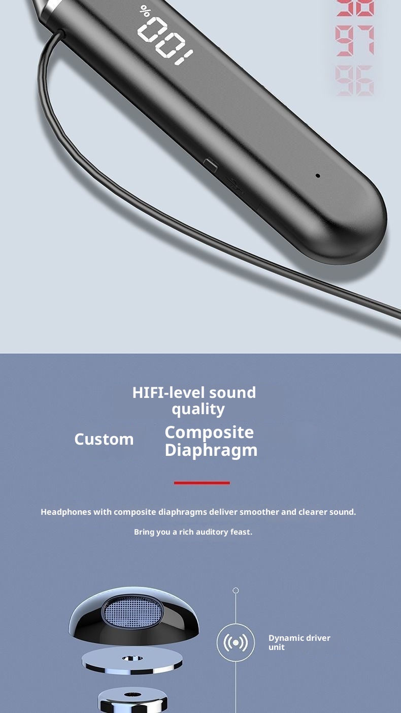 3c New Wireless Bluetooth LED Digital Display Sports Ultra-Long Battery Life Headset Gaming E-Sports Hanging Neck Style_voghion.com