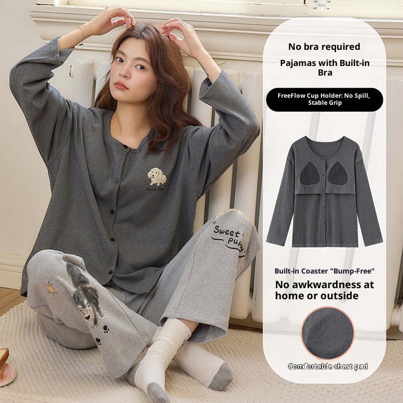 ChicShe Autumn Winter Pajamas For Women 2025 Pure Cotton Cardigan Long Sleeve Set With Chest Pads, Simple Loose Homewear_voghion.com
