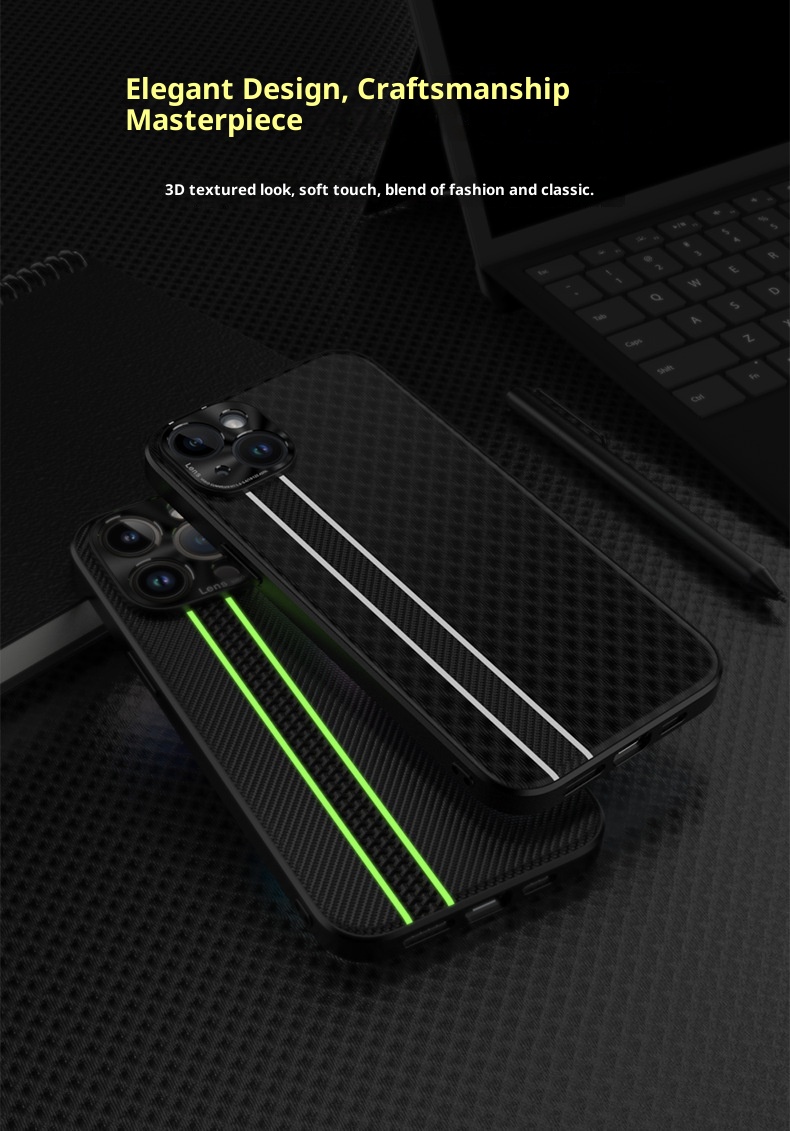 Custodia in fibra di carbonio TechGlobe Business per iPhone 15 Plus con strisce fluorescenti, custodia in pelle per iPhone 14 Pro Max, 13 XR_voghion.com