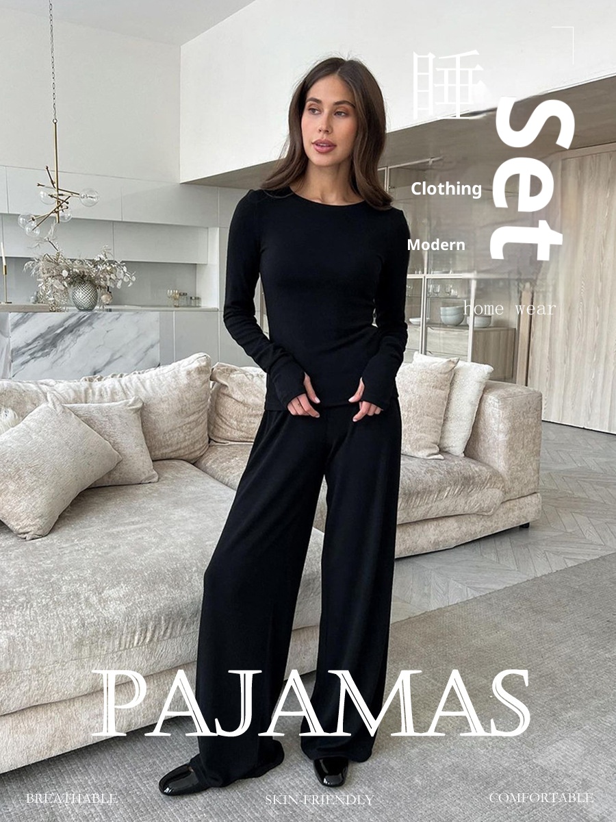 ChicShe Cross-Border Black Long-Sleeve Long-Pants Pajama Set European And American 2025 Spring New Knitted Pajamas Export Home_voghion.com