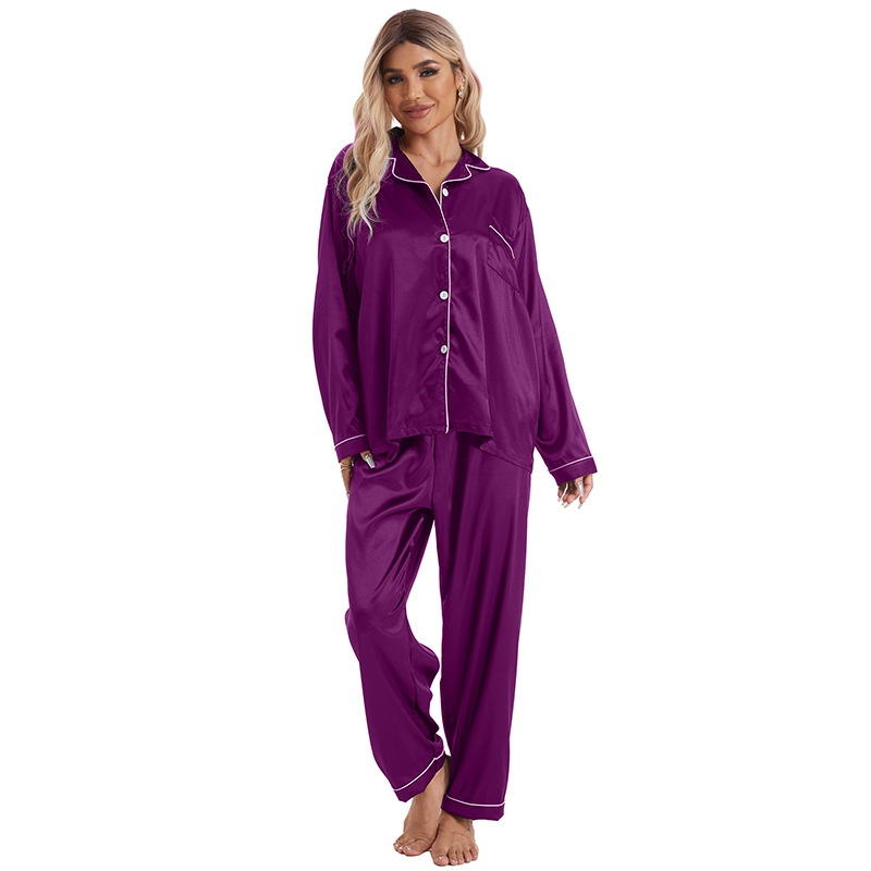 ChicShe European And American Foreign Trade Home Wear Lapel Ice Silk Pajamas Women's Sleeve Long Pants Two-Piece Set Plus Size_voghion.com