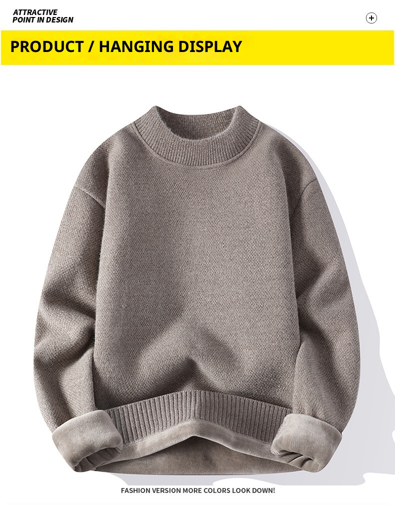 Maglione a collo alto da uomo all'ingrosso, foderato in pile, spesso, tinta unita, vestibilità ampia, casual, pile integrato, caldo_voghion.com