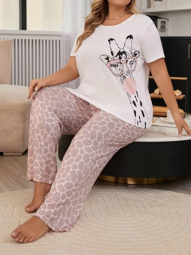 ChicShe European And American Style Cro-Border Plu Size Women' Looe Short Sleeve Heart Print Long Pant Set Homewear_voghion.com