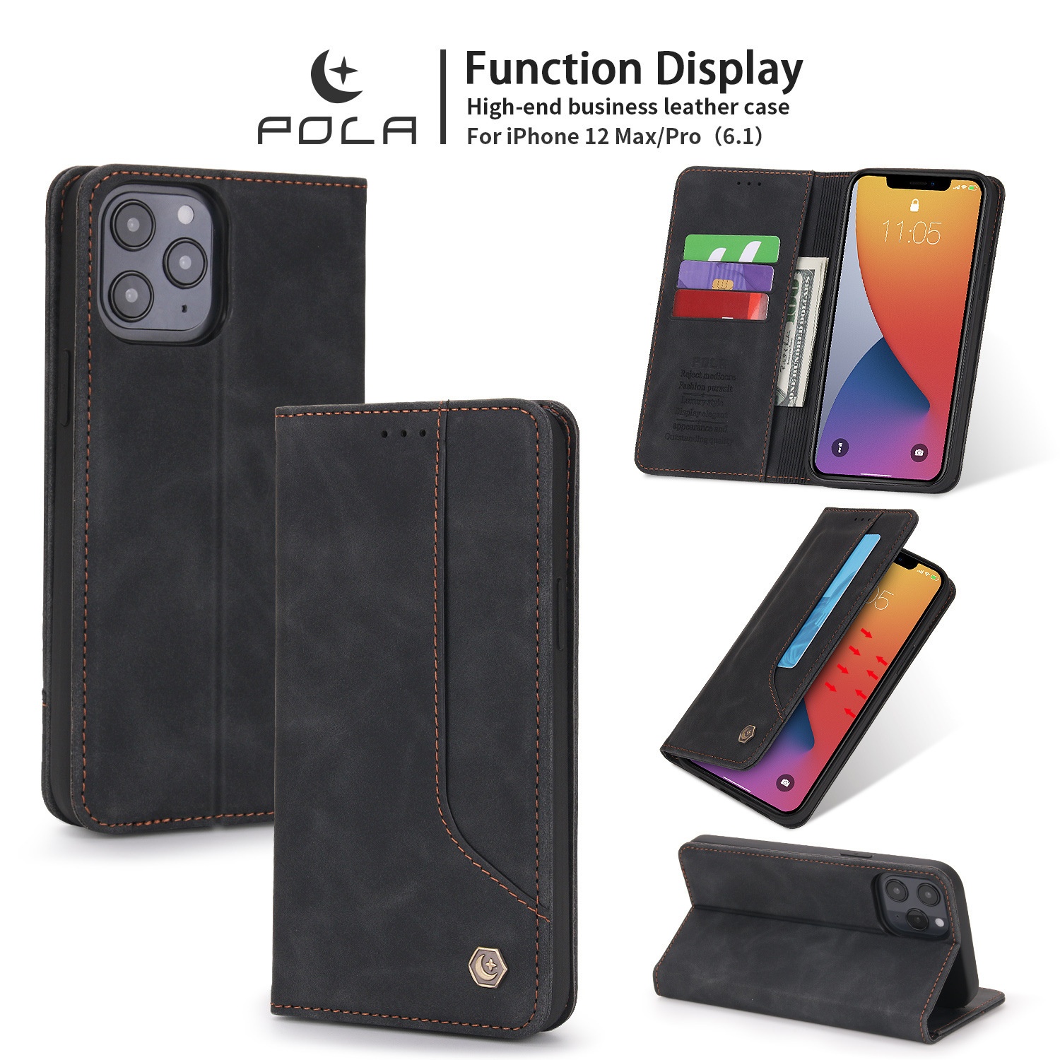 Custodia a portafoglio in pelle con slot per schede NFC e flip cover in PU con effetto pelle al tatto, adatta per iPhone 12 P40_voghion.com