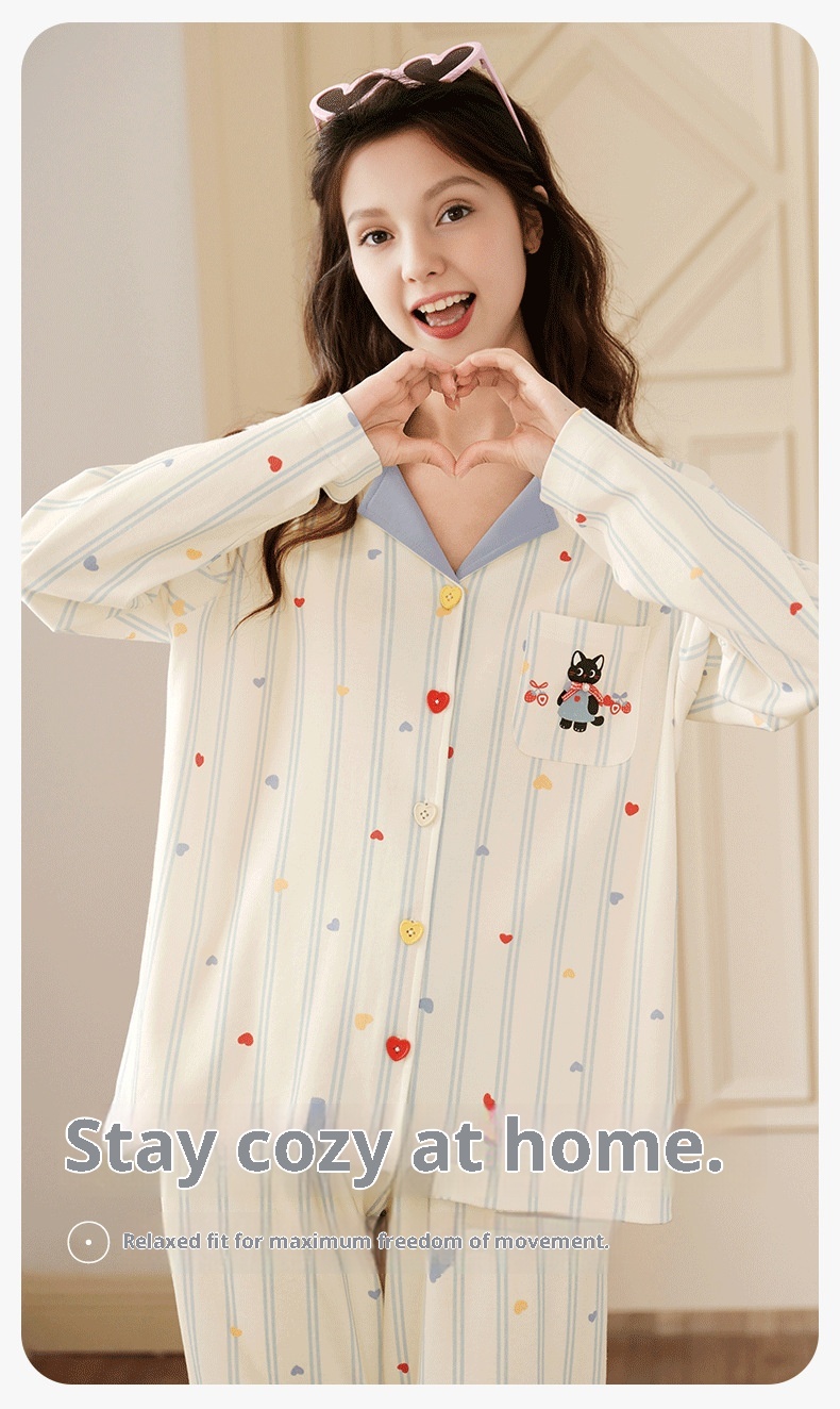 ChicShe Sleep Spring And Autumn New Long Sleeve Women's Pajamas Striped Cute Cartoon Loose Cotton Homewear Set_voghion.com